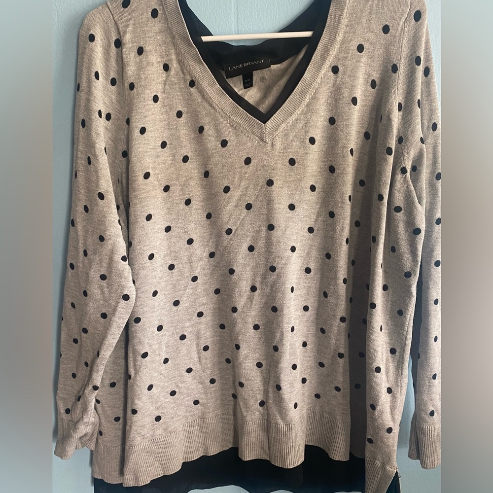 Lane Bryant Taupe V-Neck Sweater with Navy Polka Dots